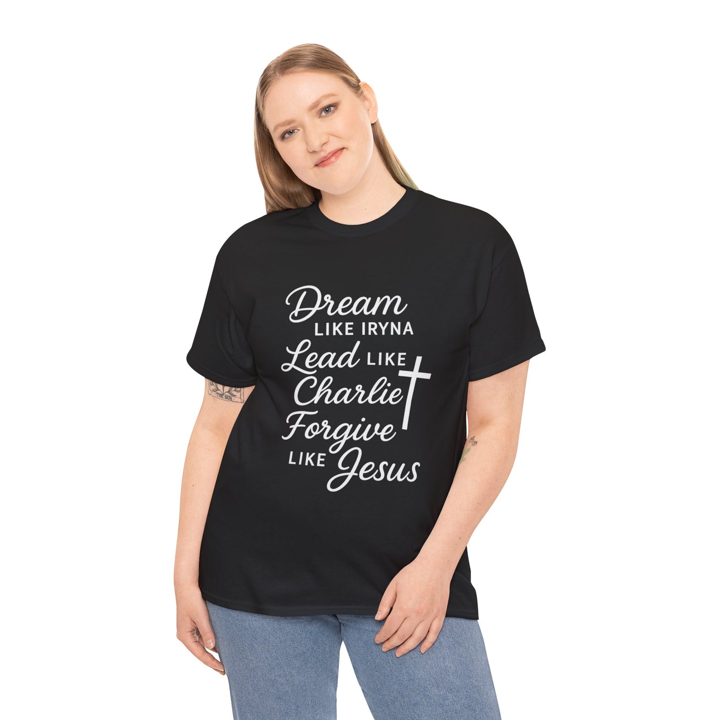 Dream, Lead, Forgive Women's Relaxed Heavy Cotton Tshirt (White Logo)