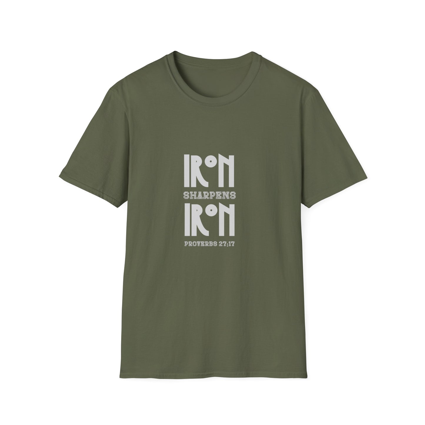 "Iron Sharpens Iron" Bible Verse Christian Inspirational Softstyle Tshirt (Gray Logo)