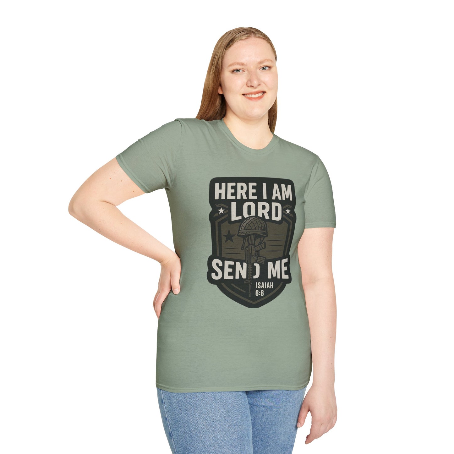"Here I Am Lord Send Me" Bible Verse Inspirational Faith T-Shirt (Military Logo)