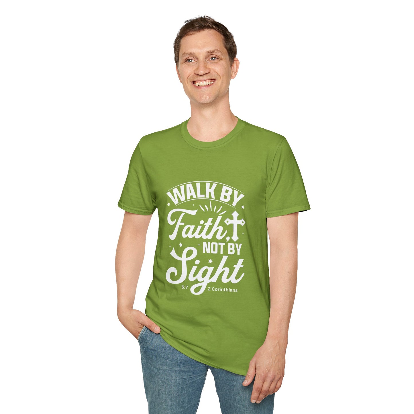 Walk by Faith 2 Corinth. 5:7 Bible Verse Christian Softstyle Tshirt (White Logo)