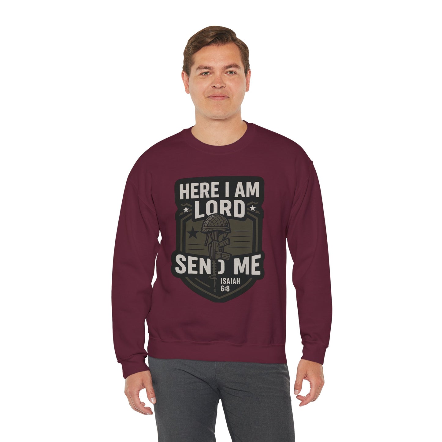 "Here I Am Lord Send Me" Bible Verse Inspirational Faith Sweatshirt (Military Logo)