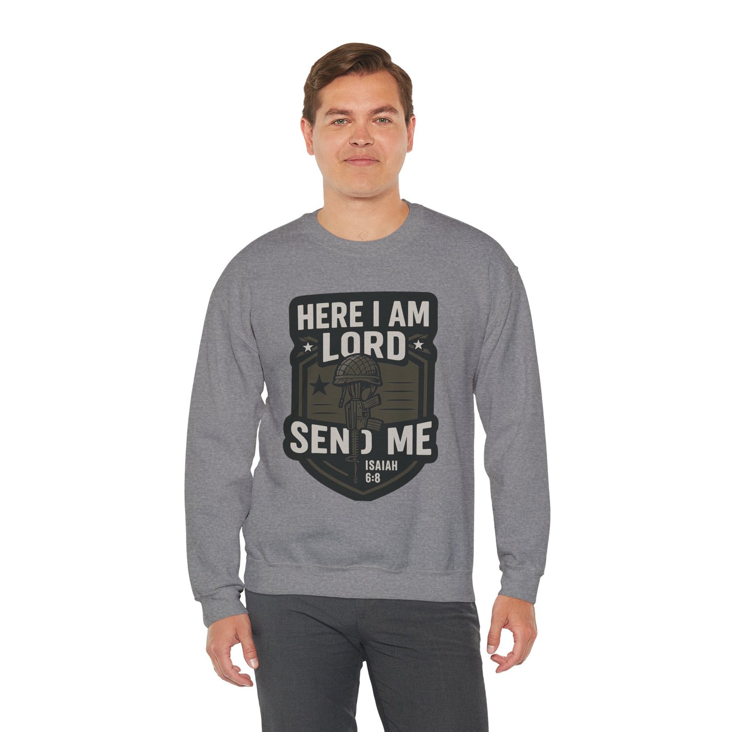 "Here I Am Lord Send Me" Bible Verse Inspirational Faith Sweatshirt (Military Logo)