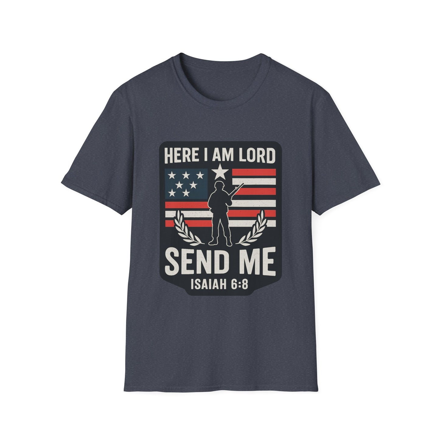 "Here I Am Lord" Isaiah 6:8 Bible Verse Christian Tshirt (Soldier Logo)