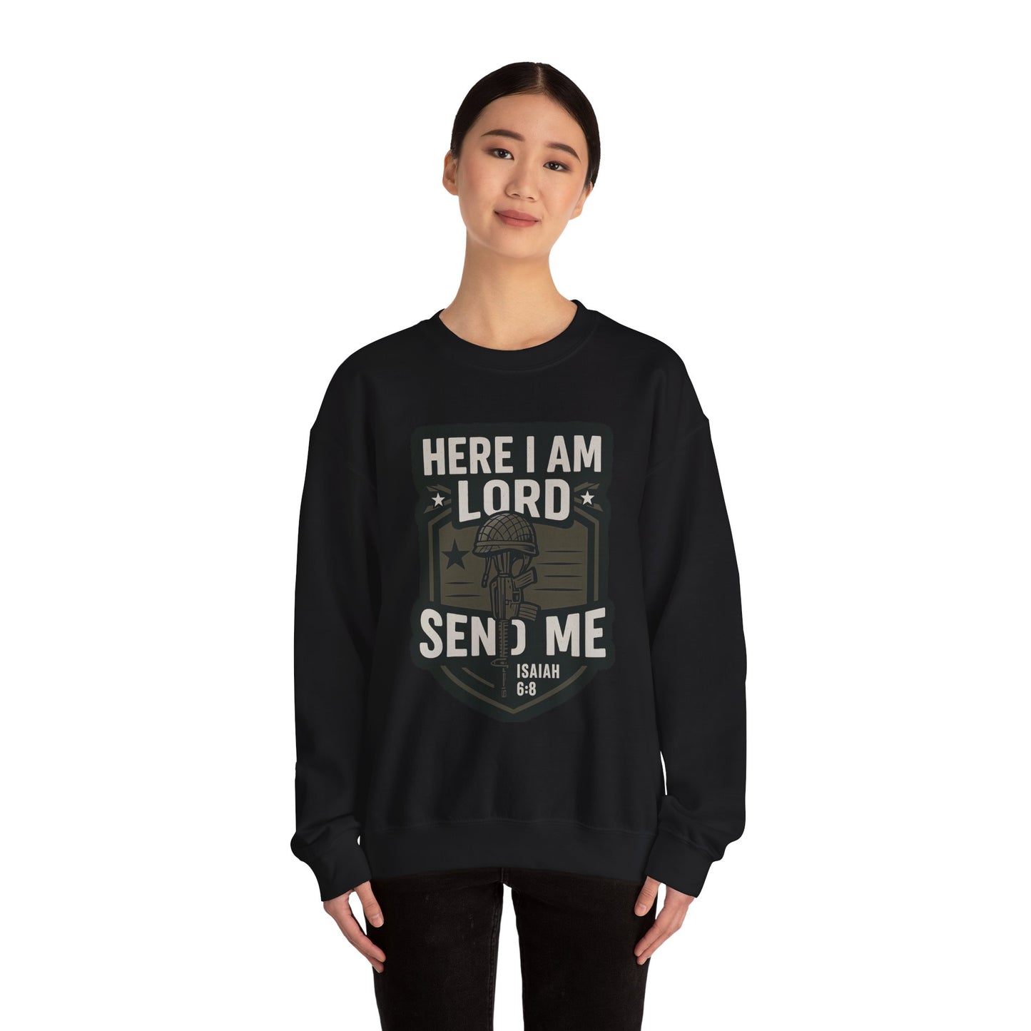 "Here I Am Lord Send Me" Bible Verse Inspirational Faith Sweatshirt (Military Logo)