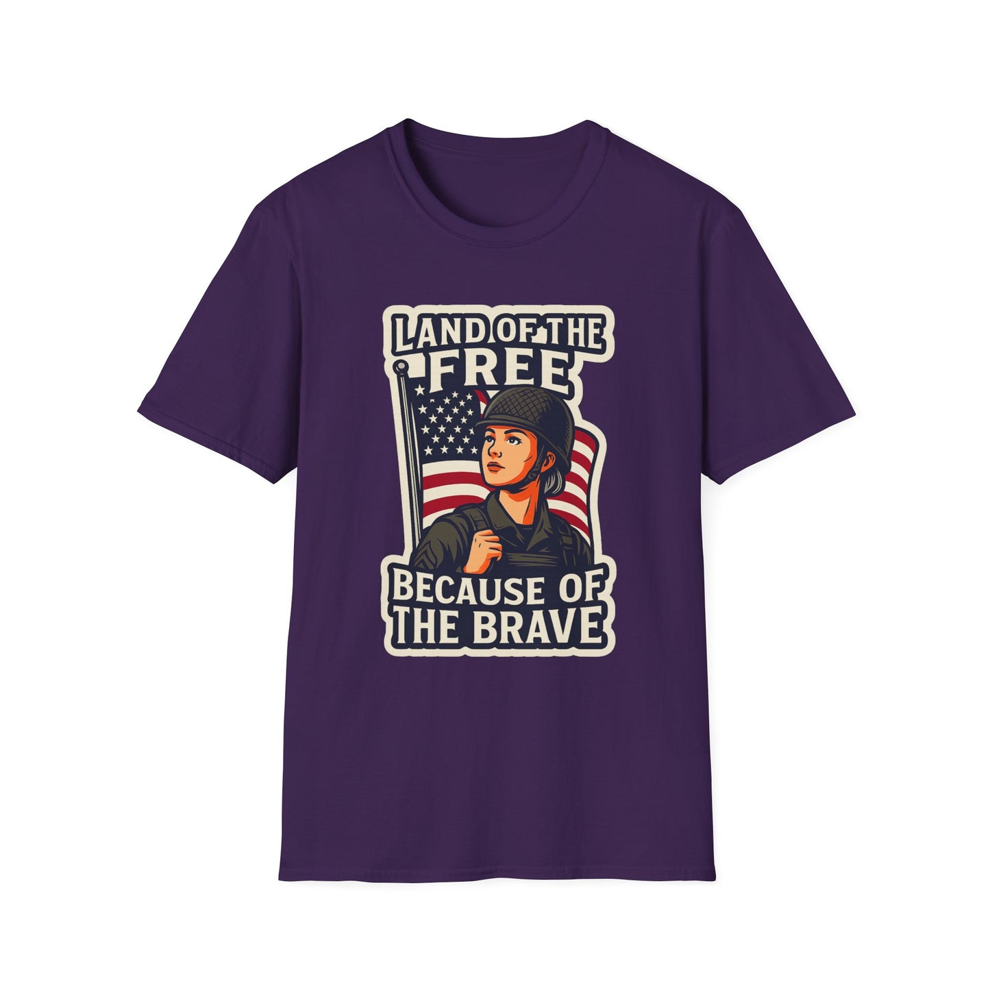 "Land of the Free because of the Brave" Patriotic Softstyle T-Shirt (Female Soldier)