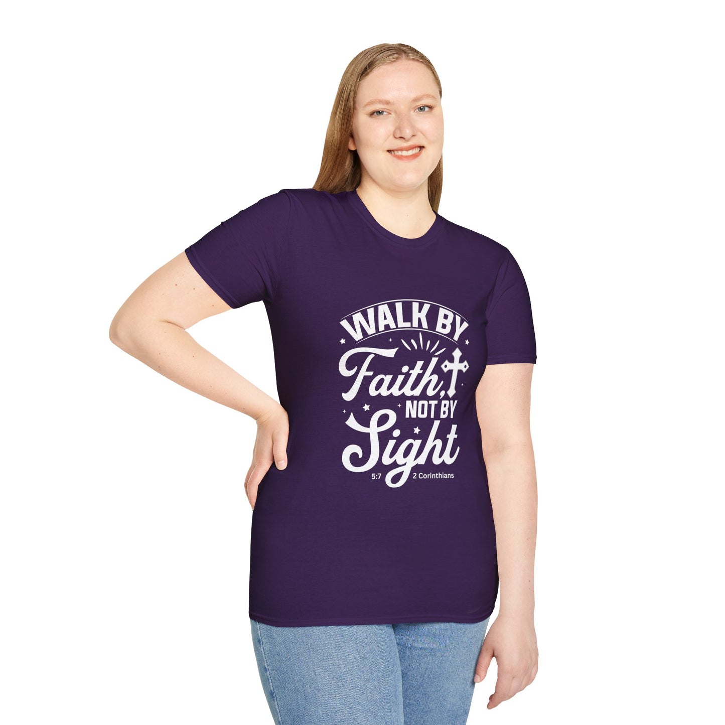 Walk by Faith 2 Corinth. 5:7 Bible Verse Christian Softstyle Tshirt (White Logo)