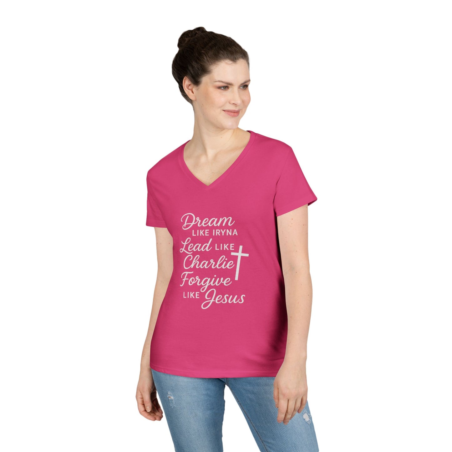 Dream, Lead, Forgive Women's V-neck Semi-fitted Tshirt (White Logo)