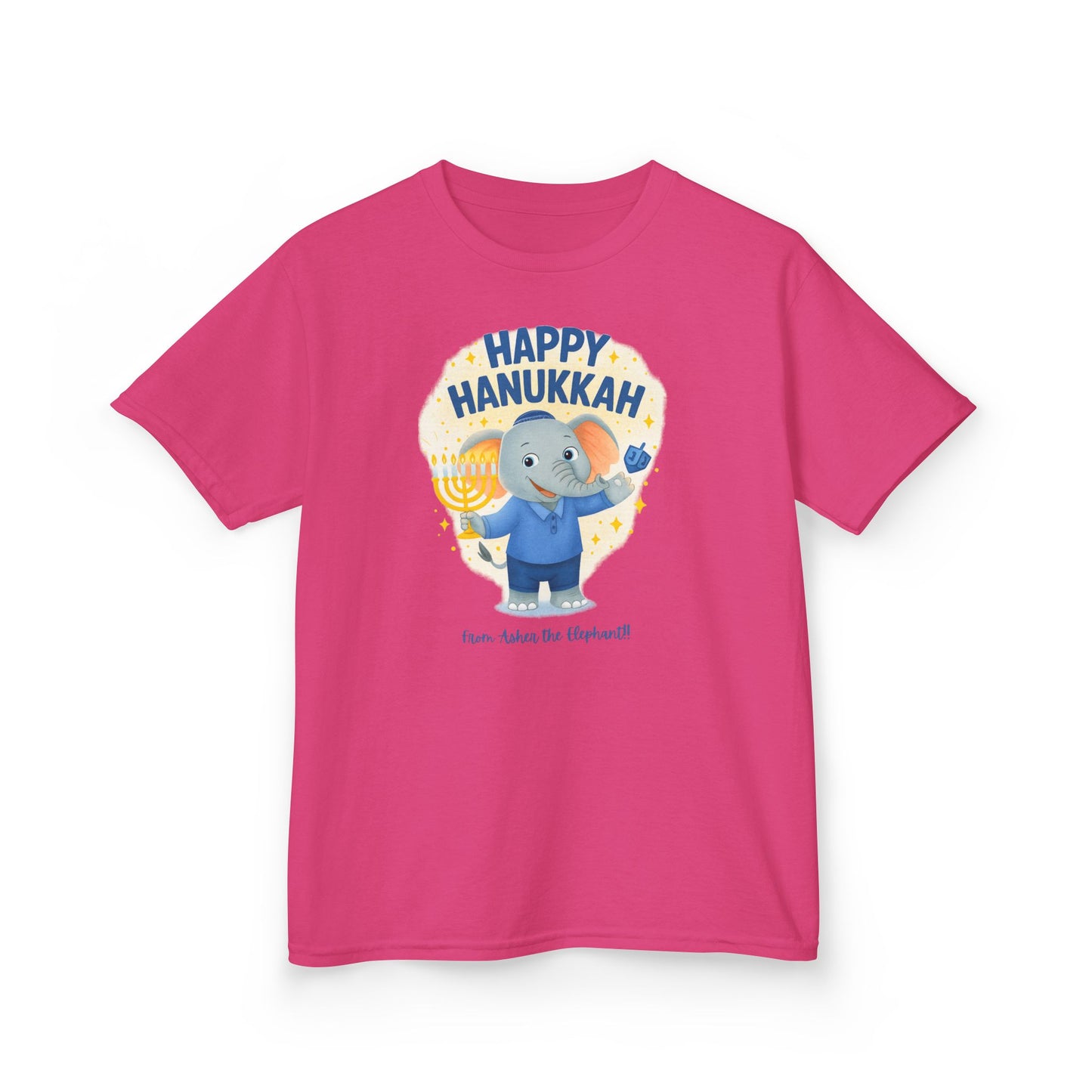 Happy Hanukkah Asher the Elephant Kids Tshirt (Standing Logo)