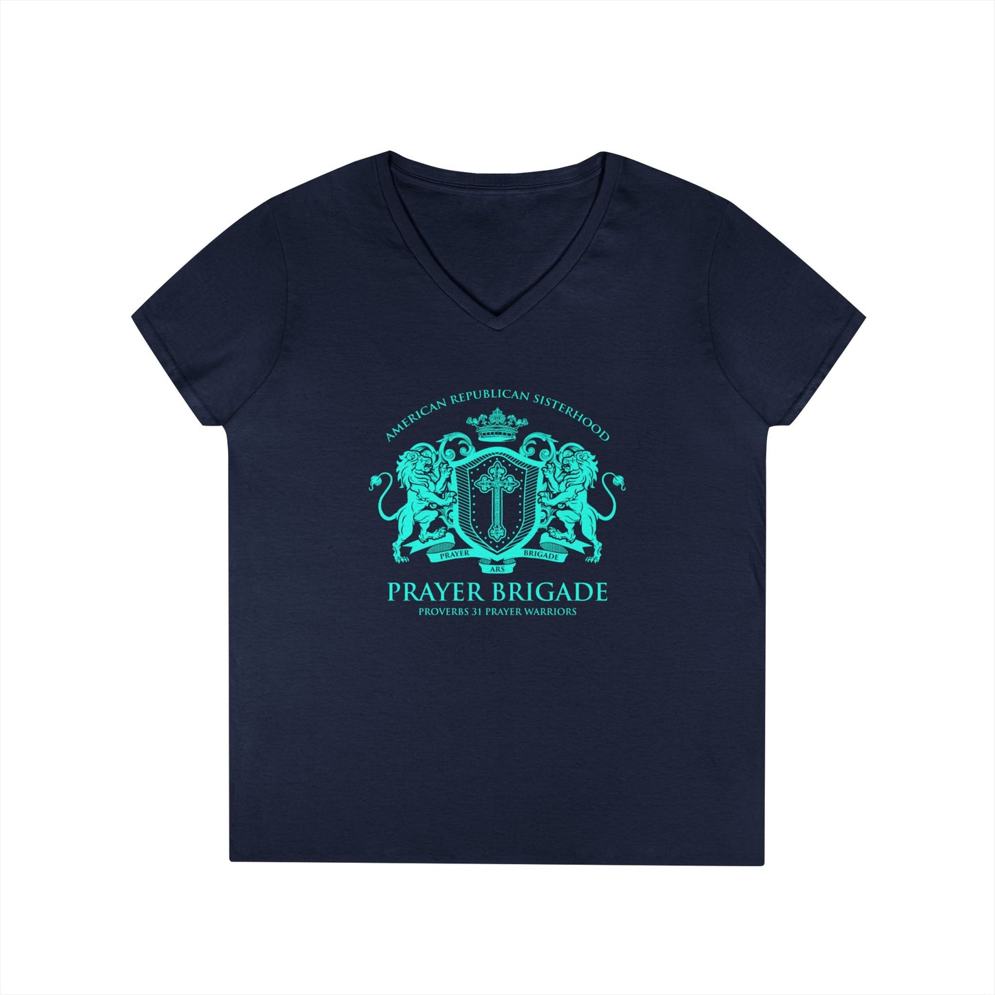 ARS Prayer Brigade Ladies' V-Neck T-Shirt (Purple with Aqua Logo)