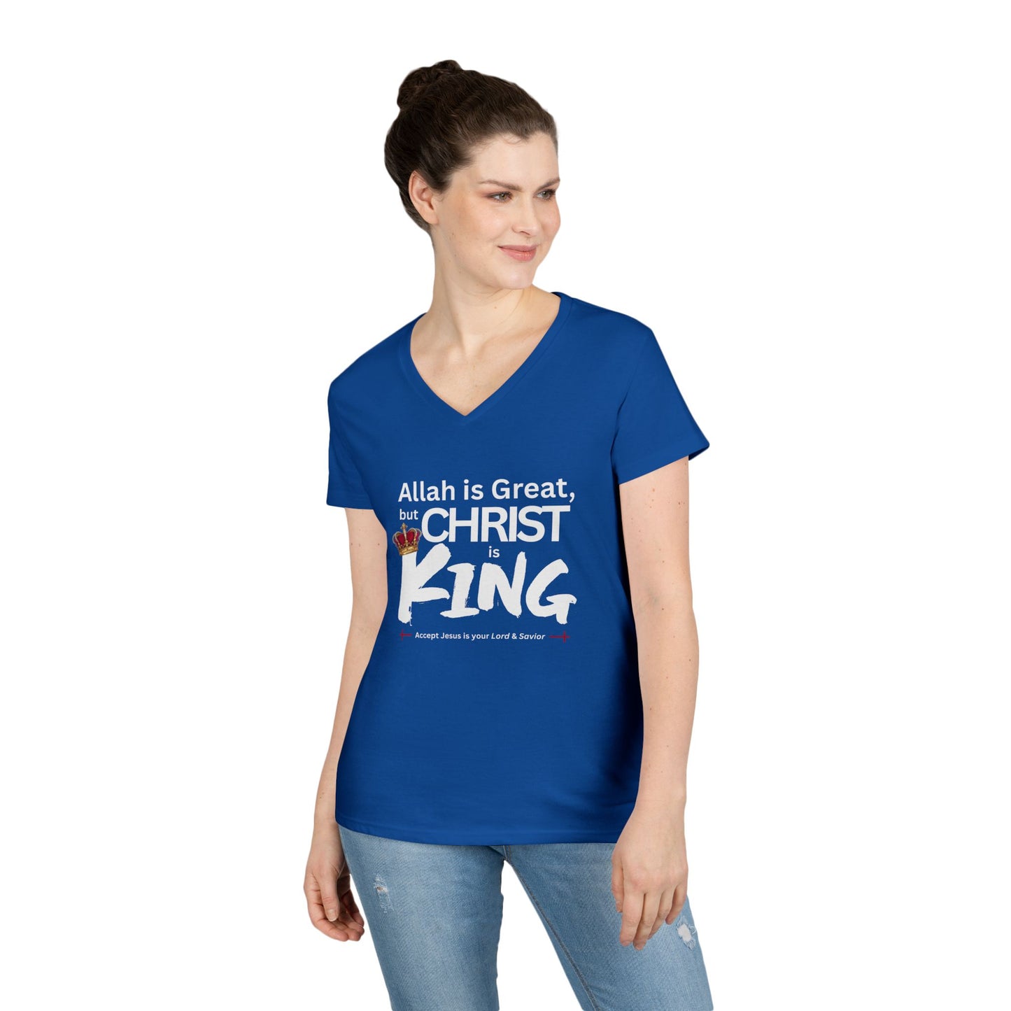 "Christ is King" Women's V-Neck Tshirt (Great Logo - White) - Sweet Baby Jeez Teez