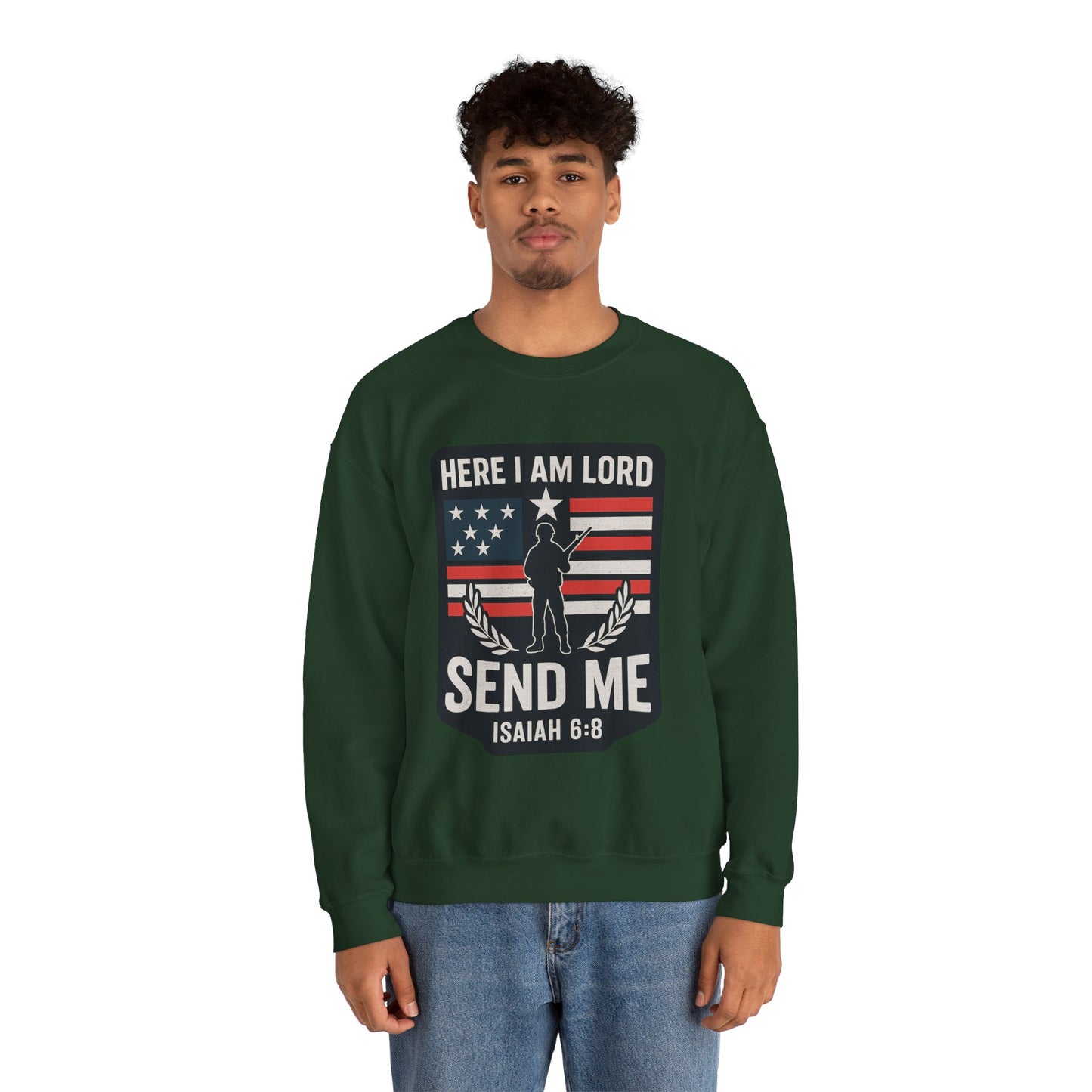 "Here I Am Lord" Isaiah 6:8 Bible Verse Christian Sweatshirt (Soldier Logo)
