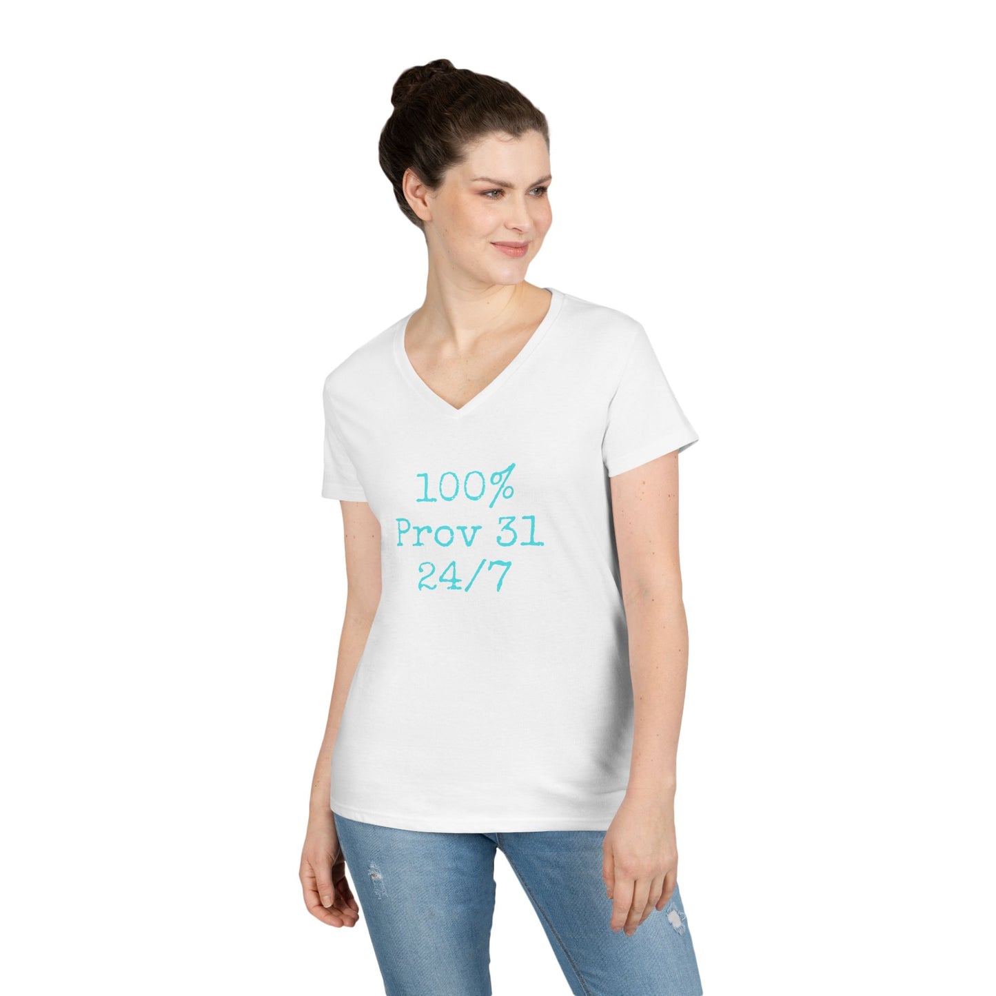 "100% Proverbs 31 24/7" Proverbs 31 Woman Christian Bible Verse V-Neck T-Shirt (Aqua)