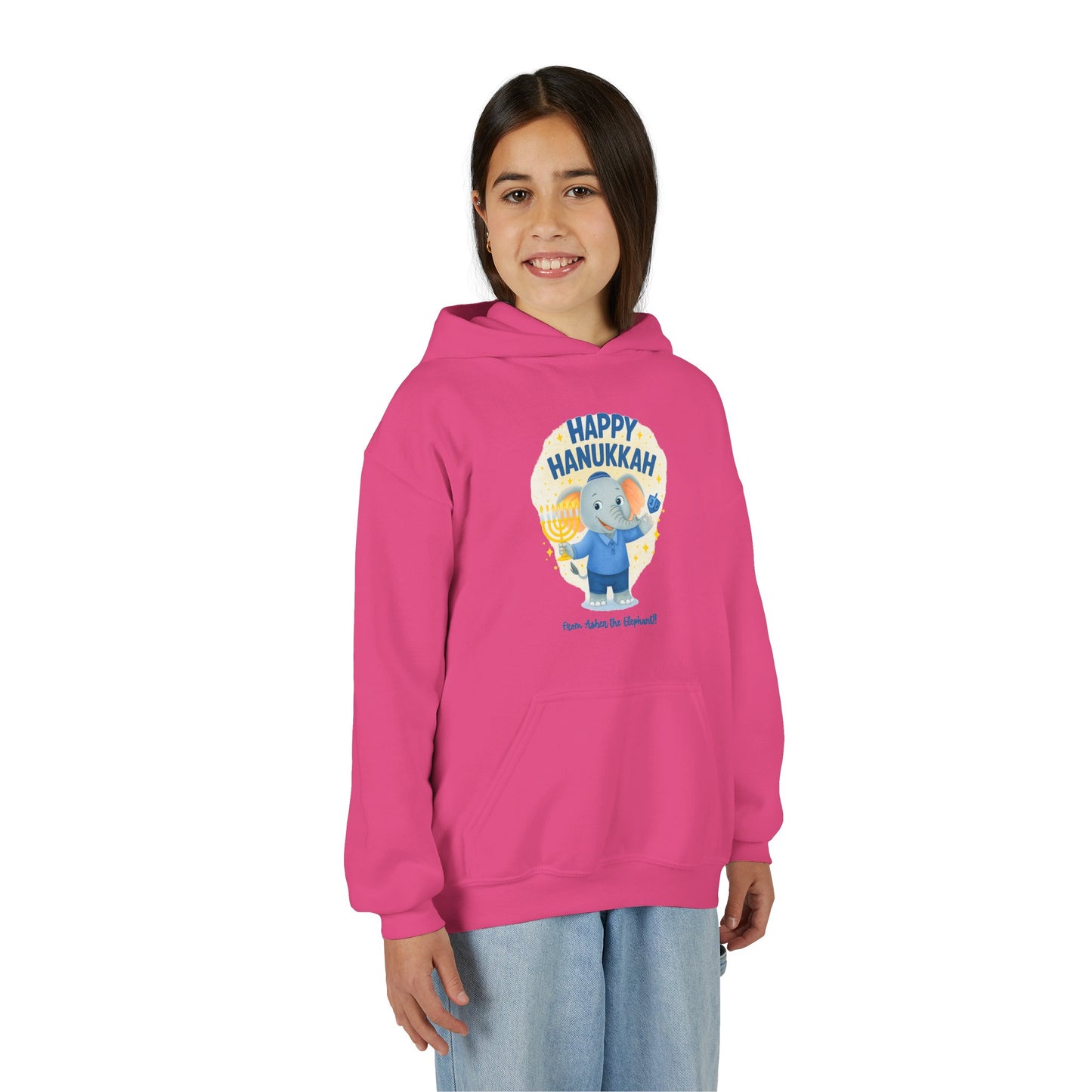 Happy Hanukkah Asher the Elephant Kids Hoodie (Standing Logo)