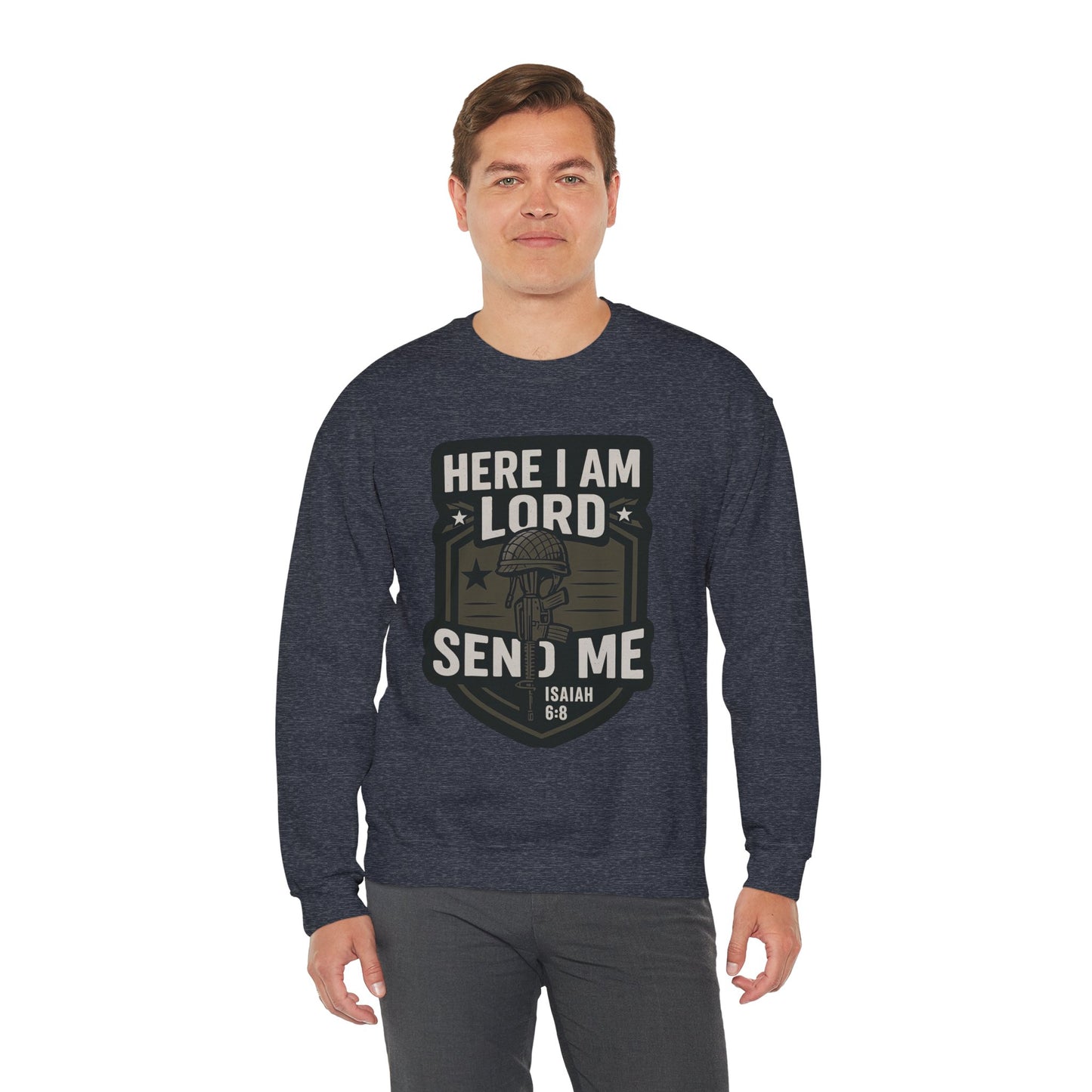 "Here I Am Lord Send Me" Bible Verse Inspirational Faith Sweatshirt (Military Logo)