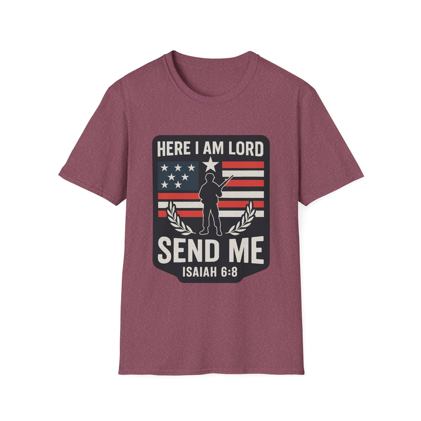 "Here I Am Lord" Isaiah 6:8 Bible Verse Christian Tshirt (Soldier Logo)