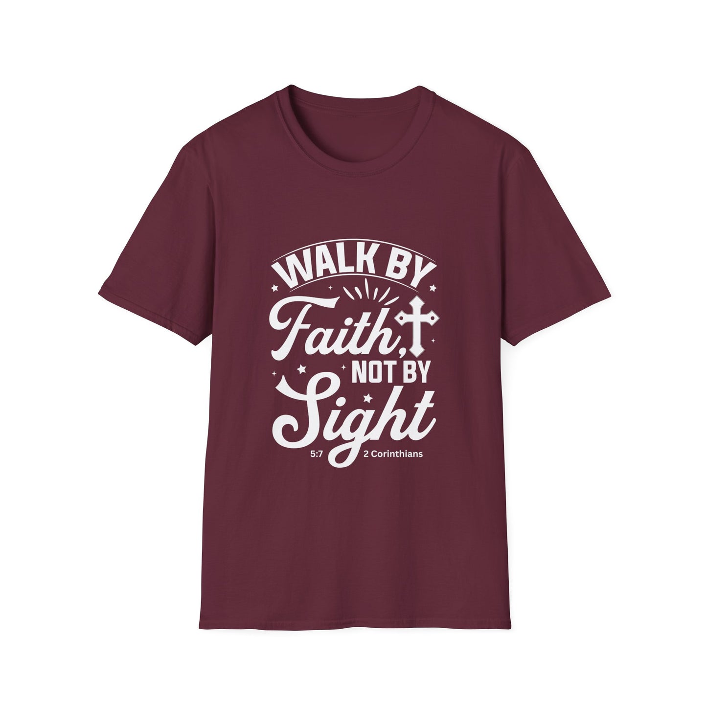 Walk by Faith 2 Corinth. 5:7 Bible Verse Christian Softstyle Tshirt (White Logo)
