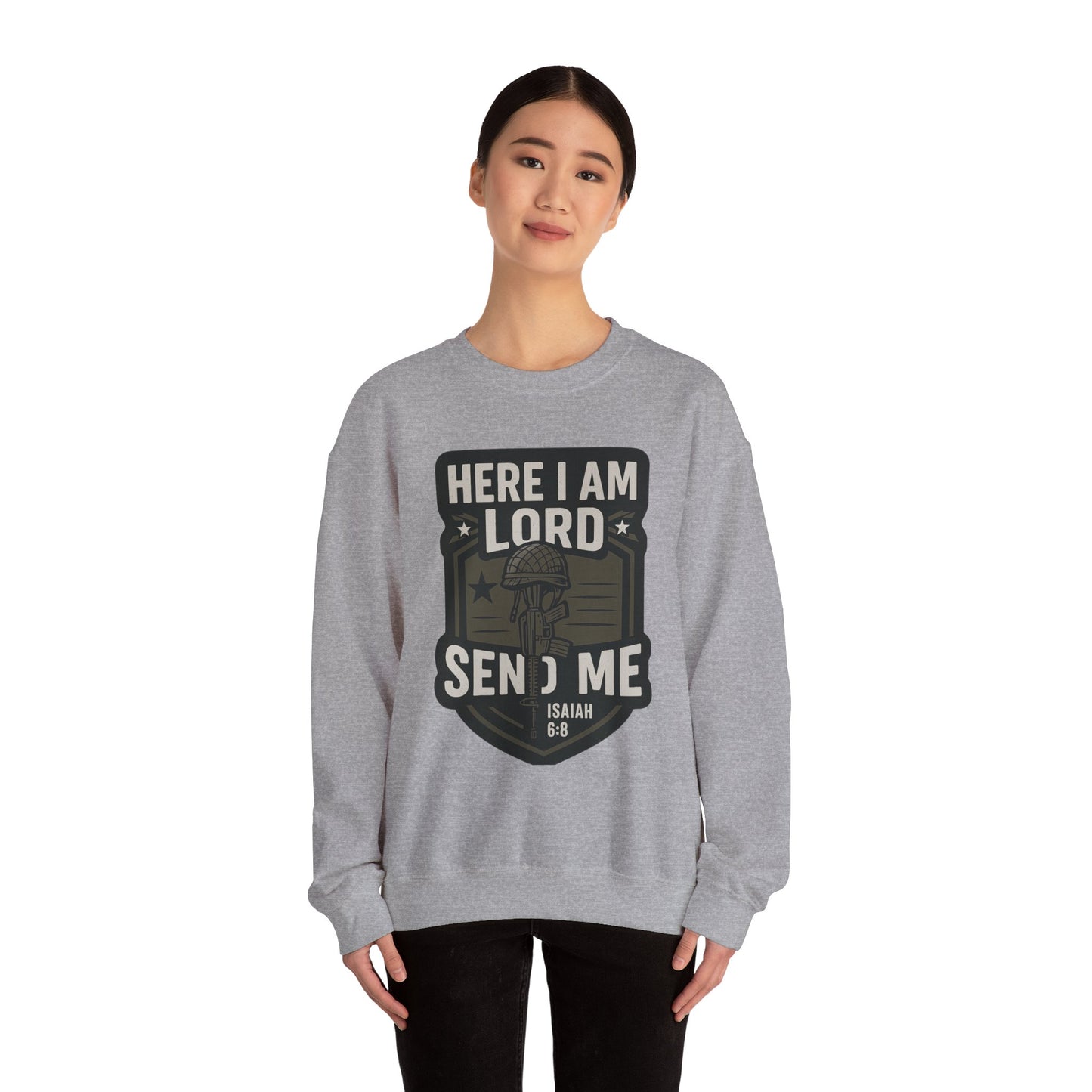 "Here I Am Lord Send Me" Bible Verse Inspirational Faith Sweatshirt (Military Logo)