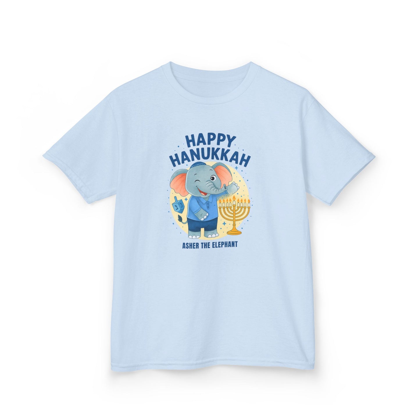 Happy Hanukkah Asher the Elephant Kids Tshirt (Wink Logo)