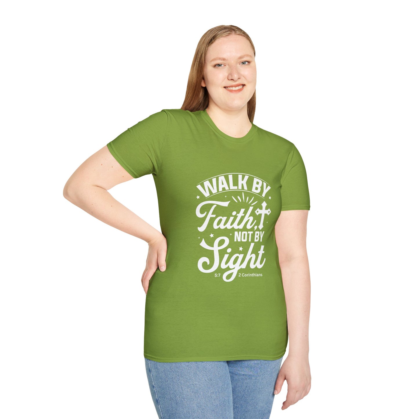 Walk by Faith 2 Corinth. 5:7 Bible Verse Christian Softstyle Tshirt (White Logo)