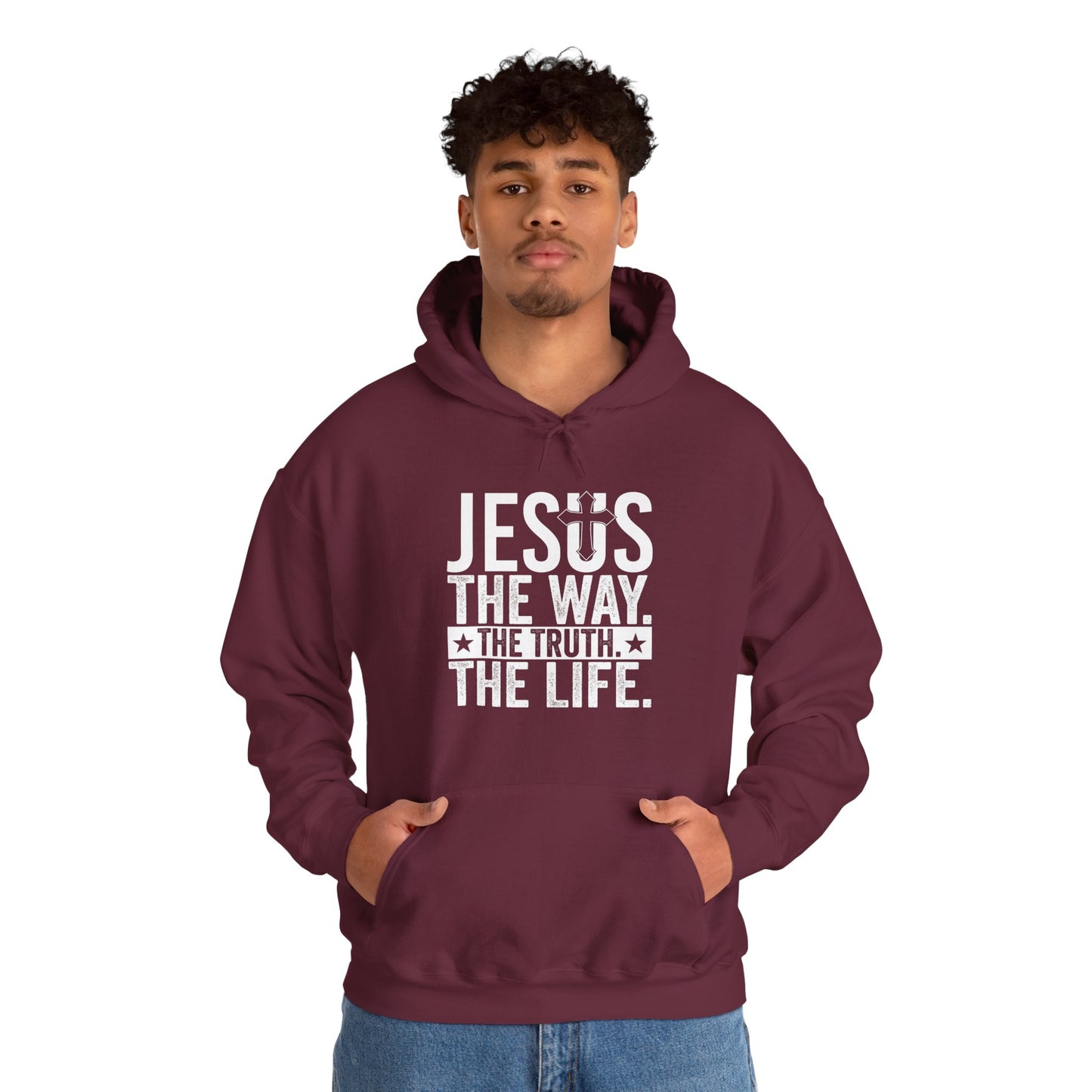 "Jesus The Way, The Truth, The Life" Heavy Fleece Unisex Hoodie (White Logo)