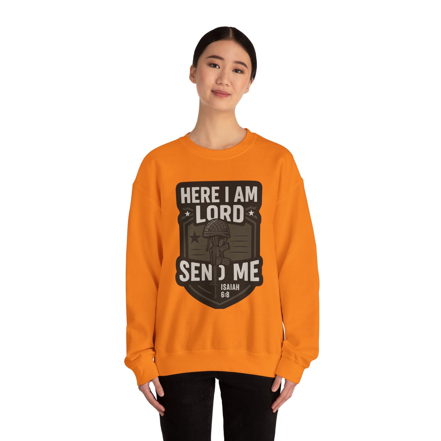 "Here I Am Lord Send Me" Bible Verse Inspirational Faith Sweatshirt (Military Logo)