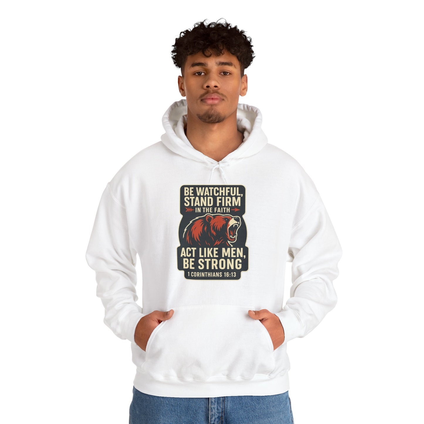 "Stand Firm in Faith" Bear Bible Verse Hoodie Sweatshirt