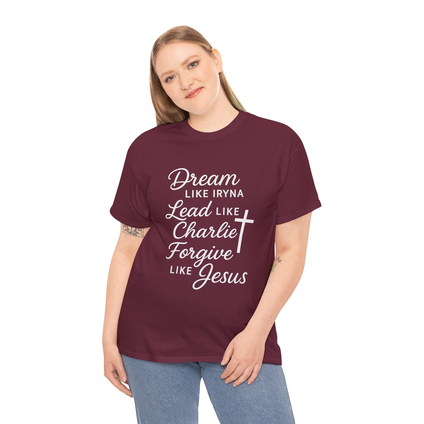 Dream, Lead, Forgive Women's Relaxed Heavy Cotton Tshirt (White Logo)