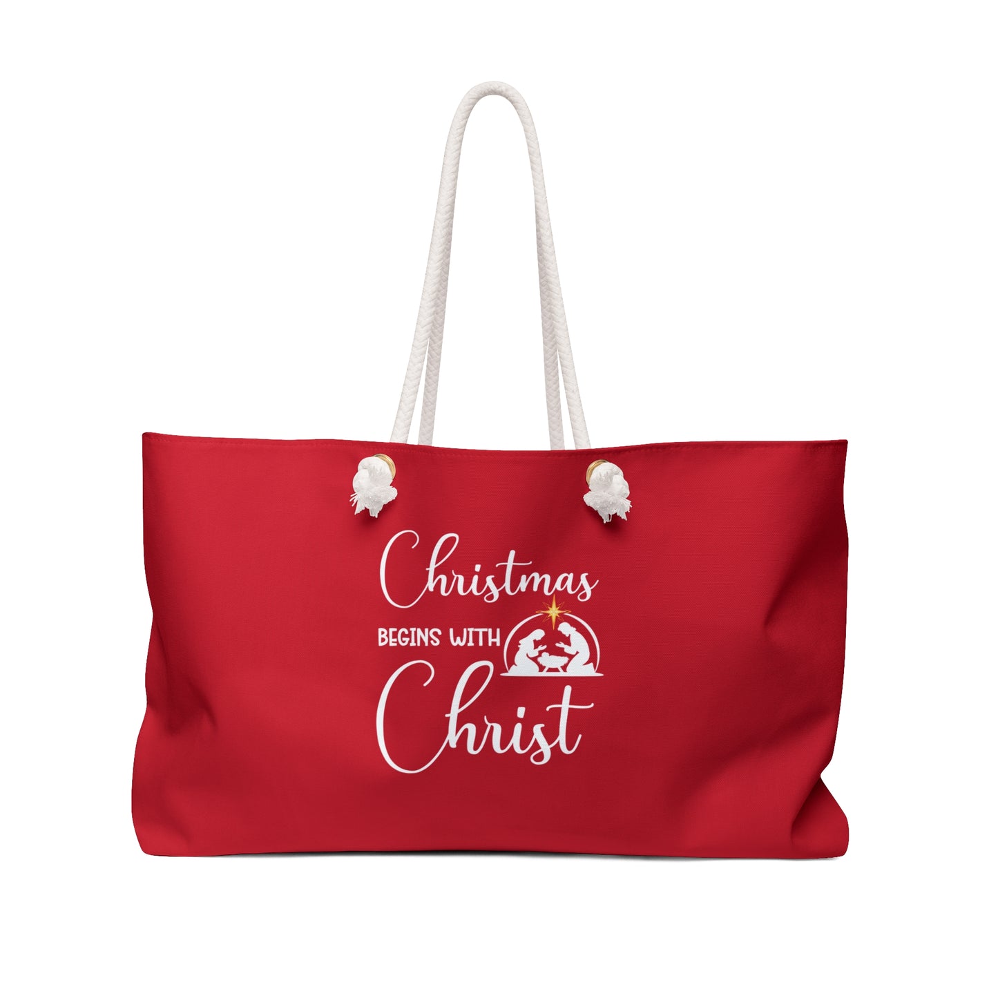Christmas Begins with Christ Red Weekender Bag (White/Gold Logo) - Sweet Baby Jeez Teez
