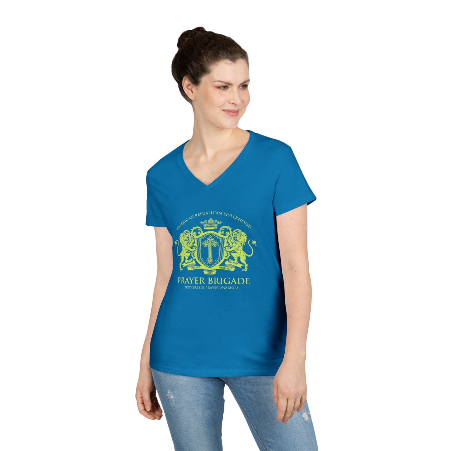 ARS Prayer Brigade Ladies' V-Neck T-Shirt (Chartreuse Logo)