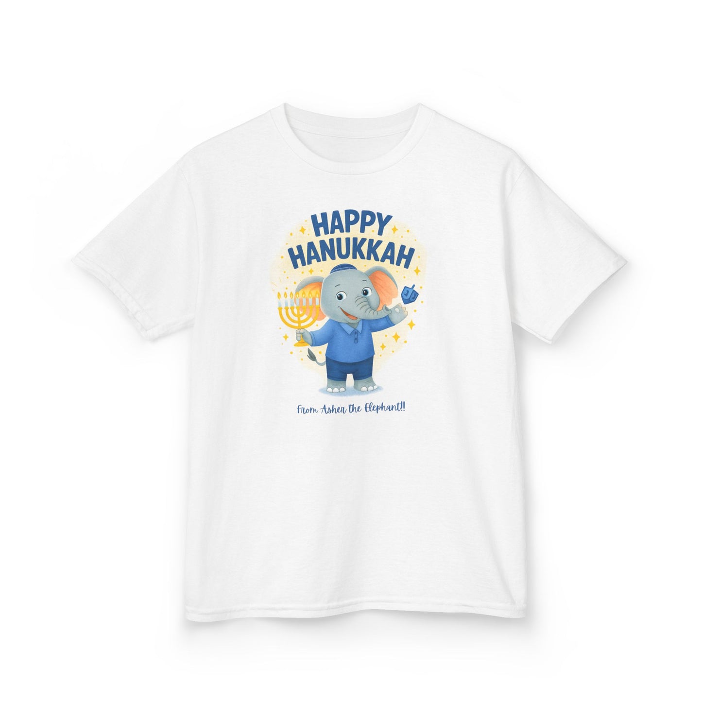 Happy Hanukkah Asher the Elephant Kids Tshirt (Standing Logo)