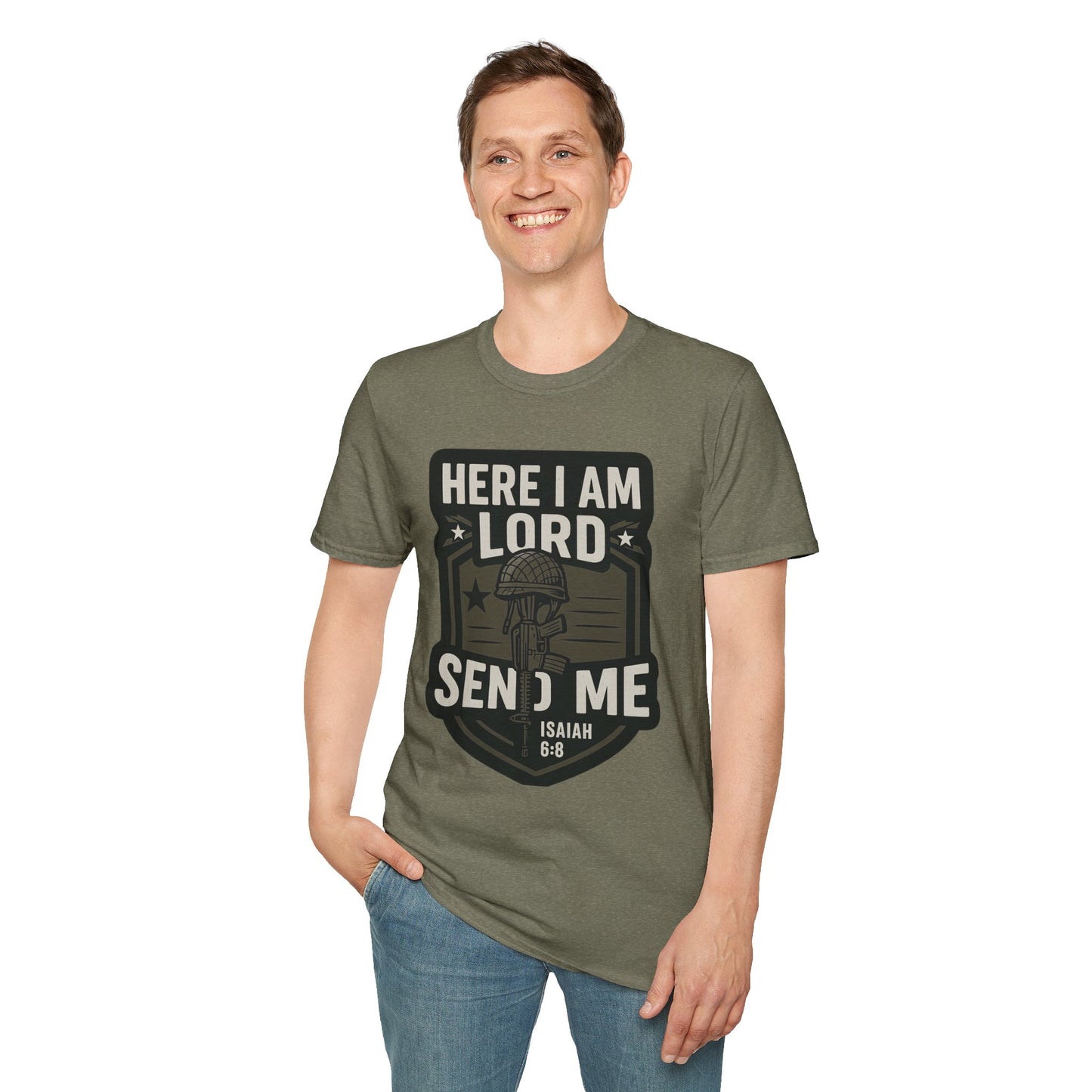 "Here I Am Lord Send Me" Bible Verse Inspirational Faith T-Shirt (Military Logo)