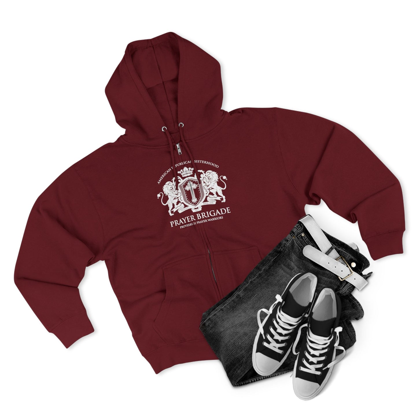 ARS Prayer Brigade Unisex Full Zip Hoodie (Dark Red with White Logo)