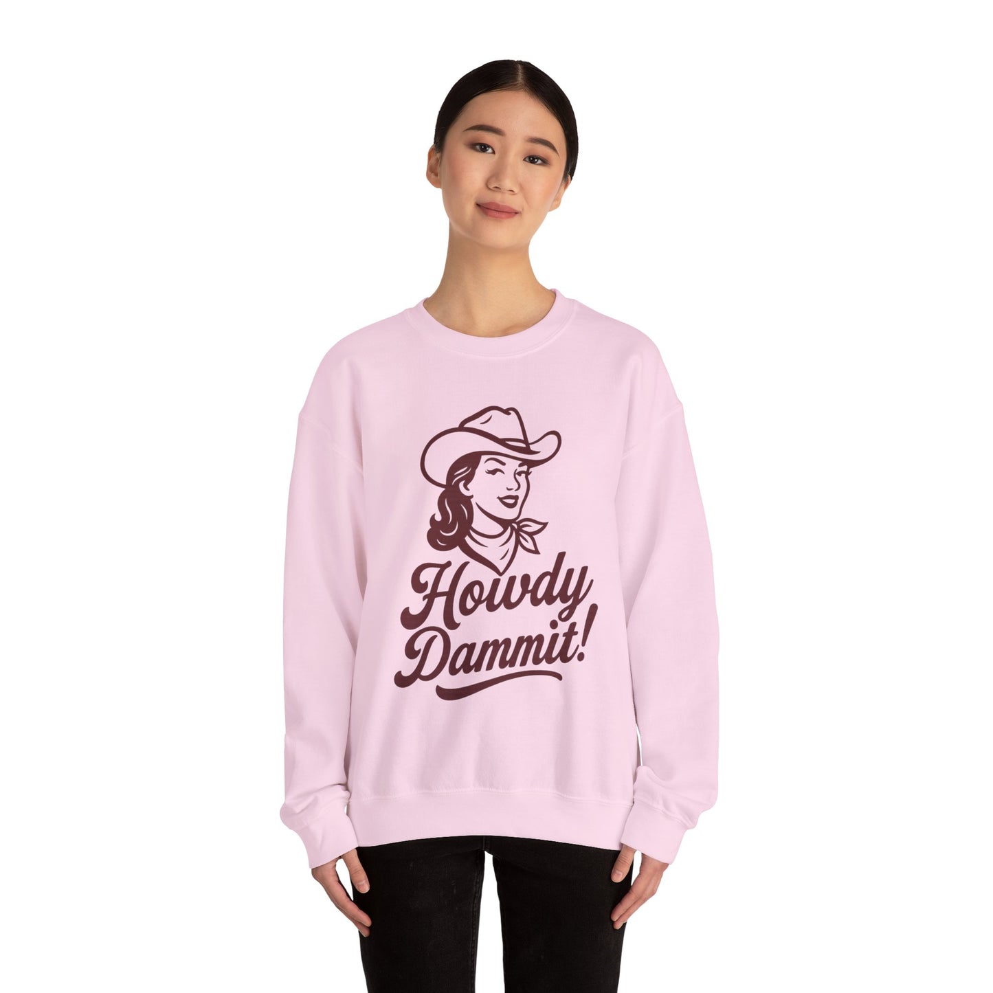 Howdy Dammit! Aggie Texas Cowgirl Cozy Unisex Sweatshirt (Maroon Logo)