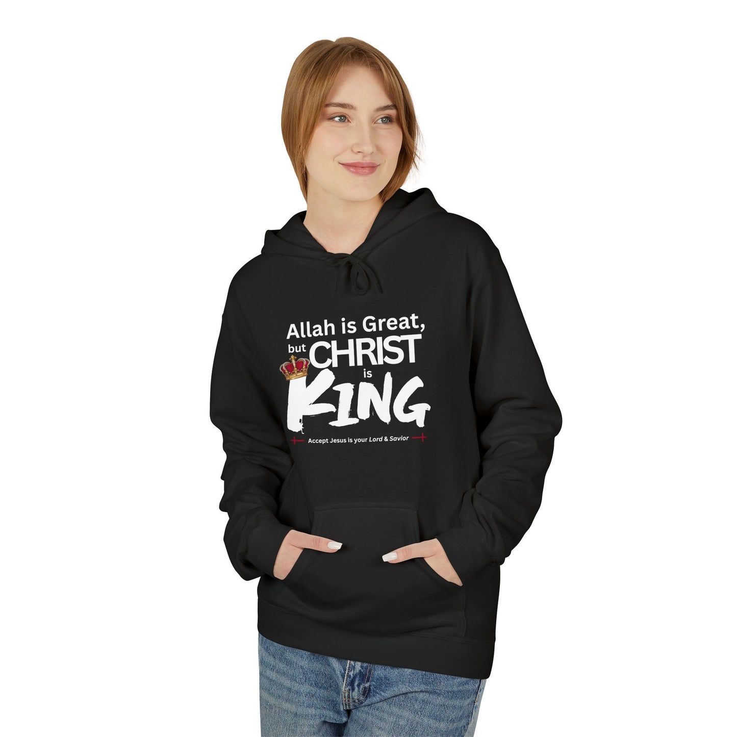"Christ is King" Cozy Unisex Fleece Hoodie (Great Logo - White) - Sweet Baby Jeez Teez