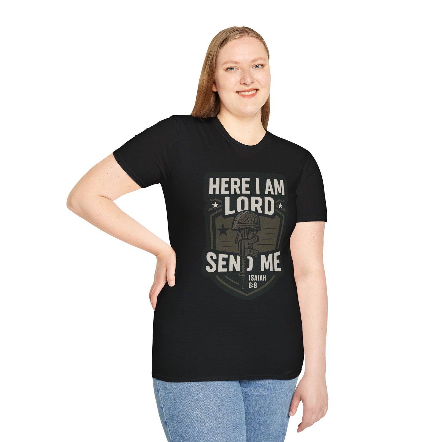 "Here I Am Lord Send Me" Bible Verse Inspirational Faith T-Shirt (Military Logo)
