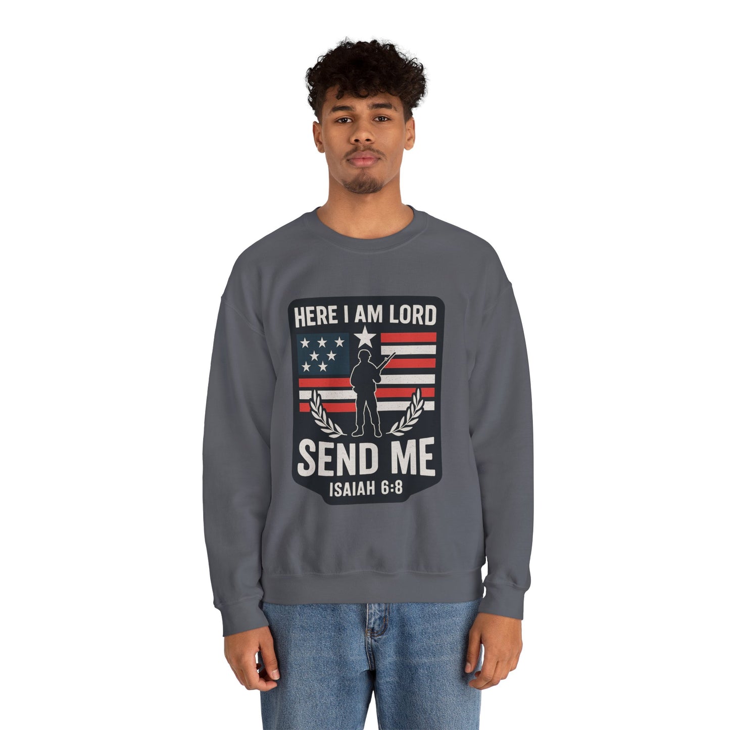 "Here I Am Lord" Isaiah 6:8 Bible Verse Christian Sweatshirt (Soldier Logo)