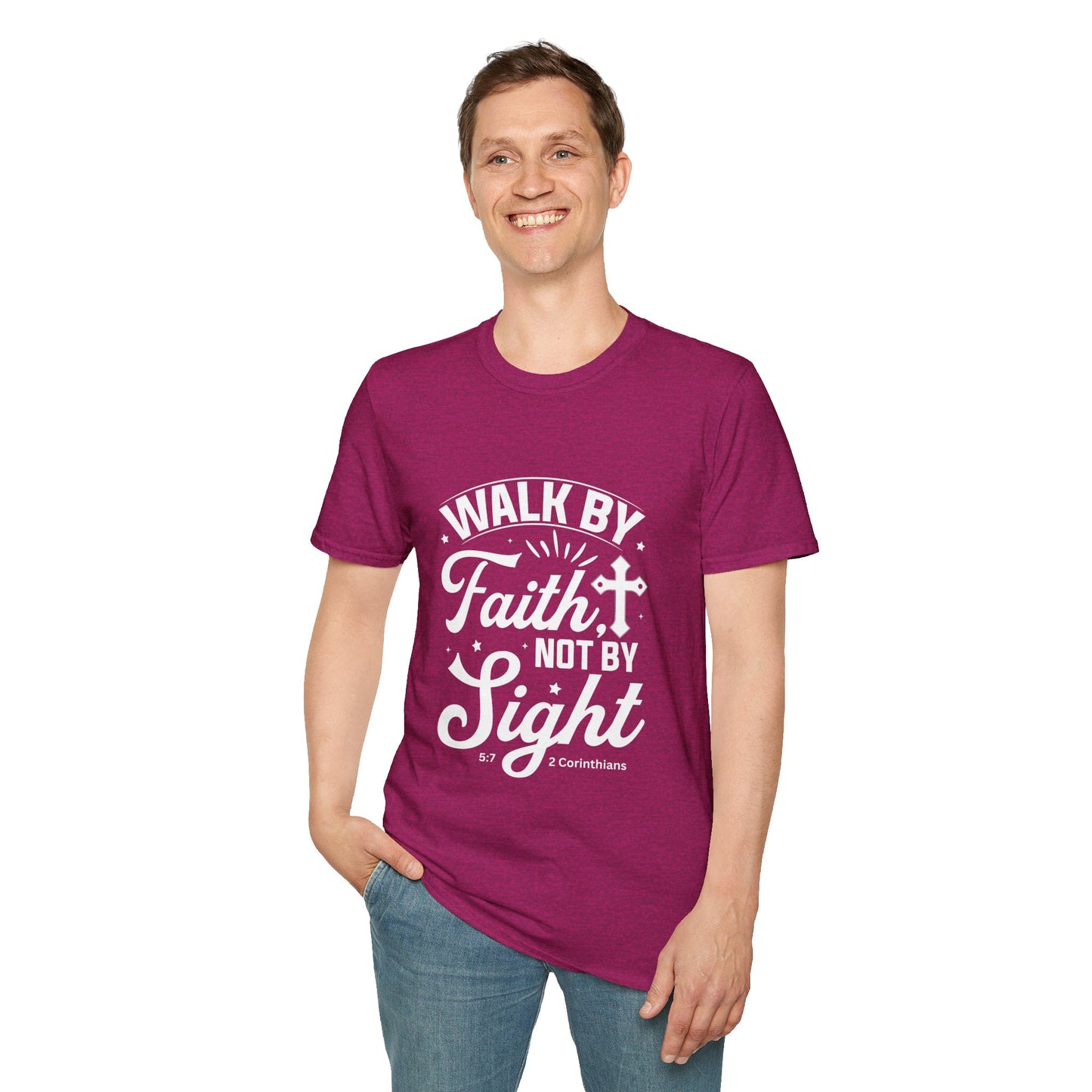 Walk by Faith 2 Corinth. 5:7 Bible Verse Christian Softstyle Tshirt (White Logo)
