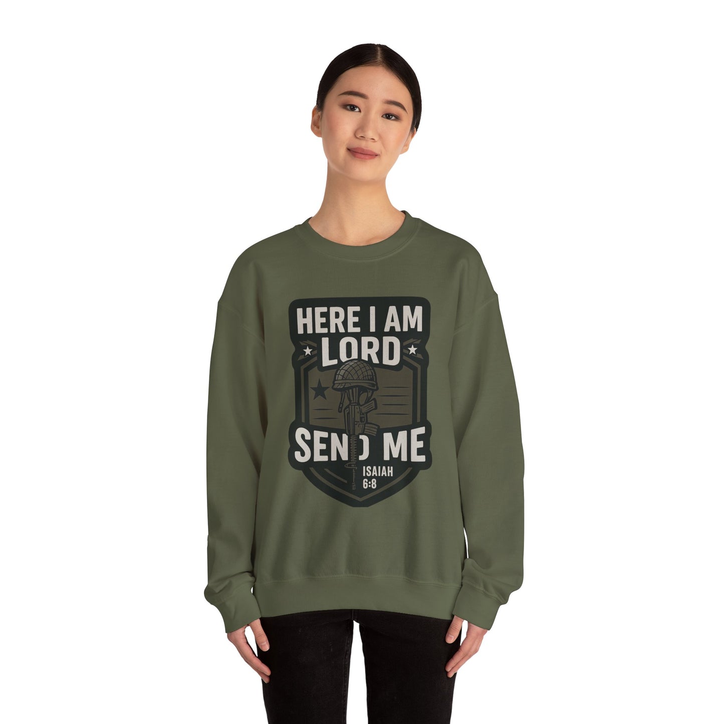 "Here I Am Lord Send Me" Bible Verse Inspirational Faith Sweatshirt (Military Logo)