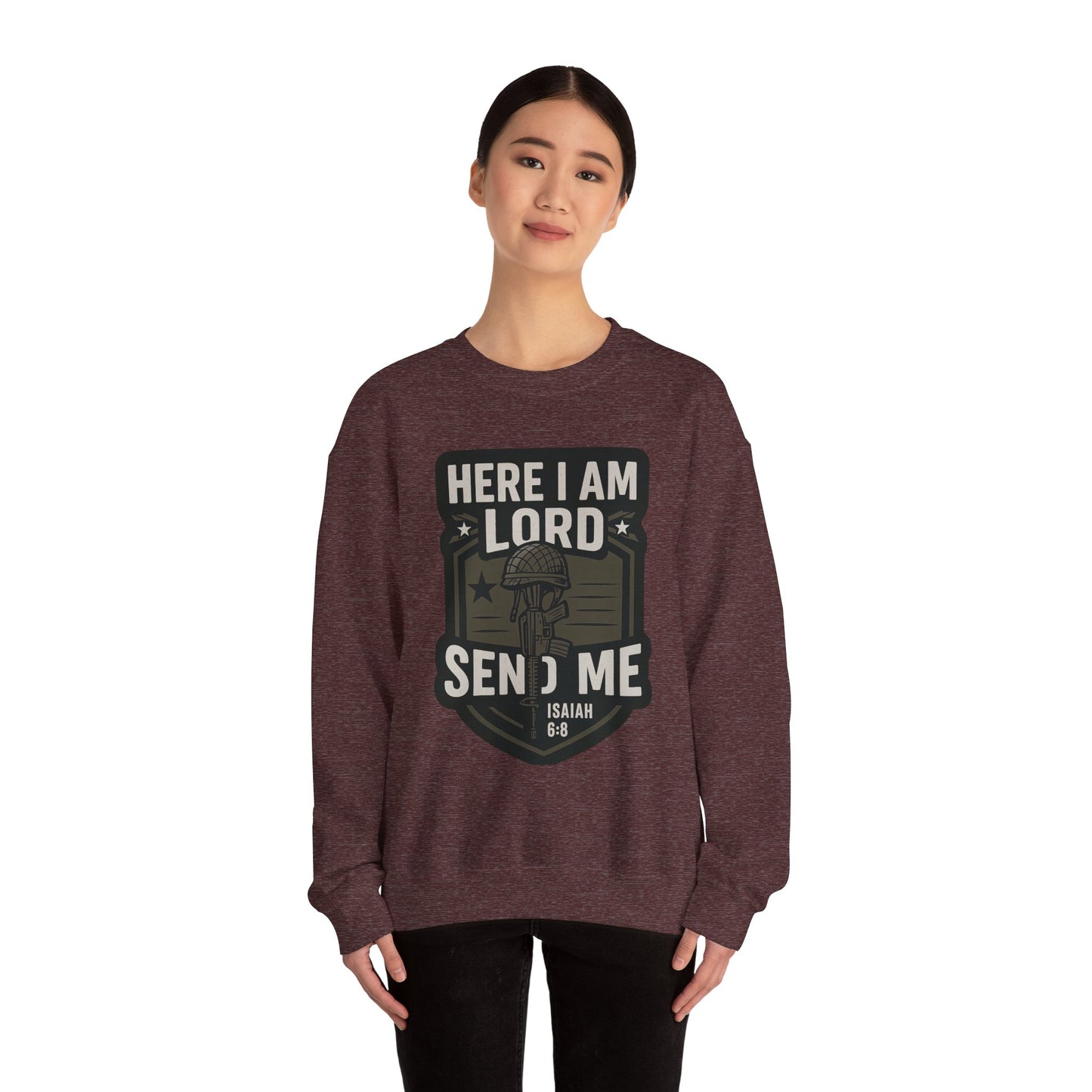 "Here I Am Lord Send Me" Bible Verse Inspirational Faith Sweatshirt (Military Logo)