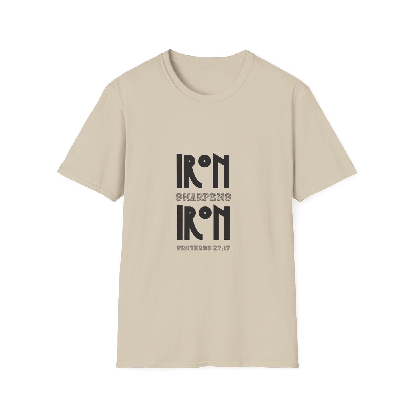"Iron Sharpens Iron" Bible Verse Christian Inspirational Softstyle Tshirt (Black Logo)