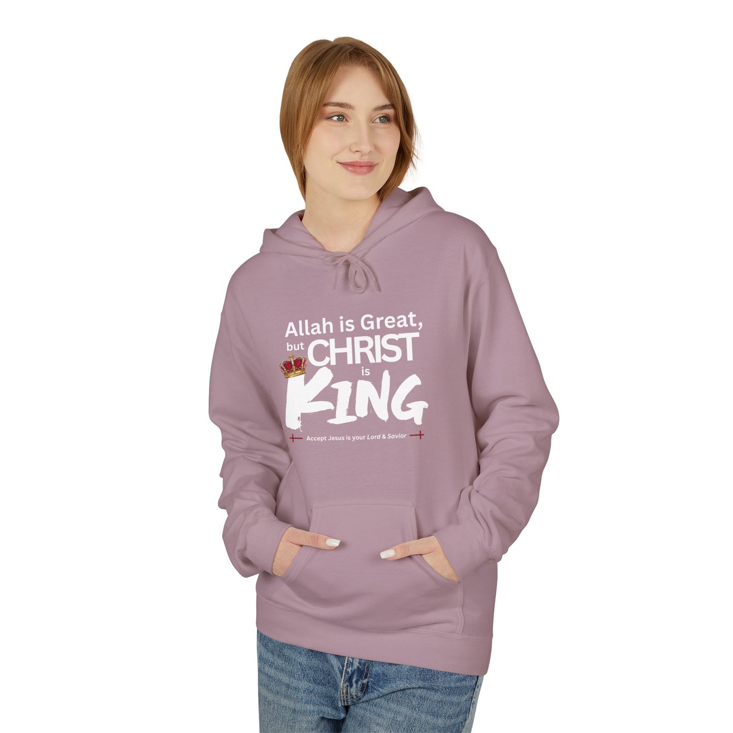 "Christ is King" Cozy Unisex Fleece Hoodie (Great Logo - White) - Sweet Baby Jeez Teez