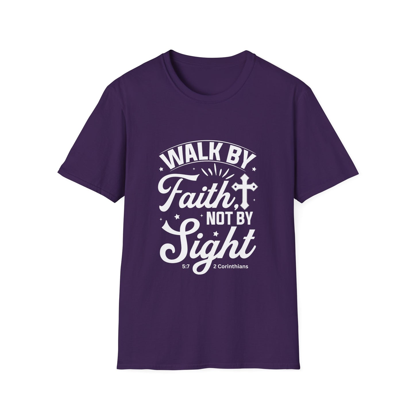 Walk by Faith 2 Corinth. 5:7 Bible Verse Christian Softstyle Tshirt (White Logo)