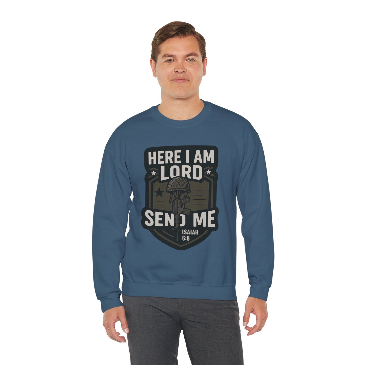 "Here I Am Lord Send Me" Bible Verse Inspirational Faith Sweatshirt (Military Logo)