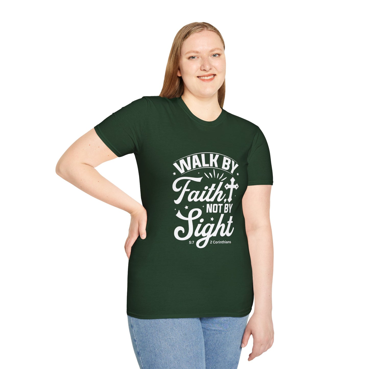 Walk by Faith 2 Corinth. 5:7 Bible Verse Christian Softstyle Tshirt (White Logo)