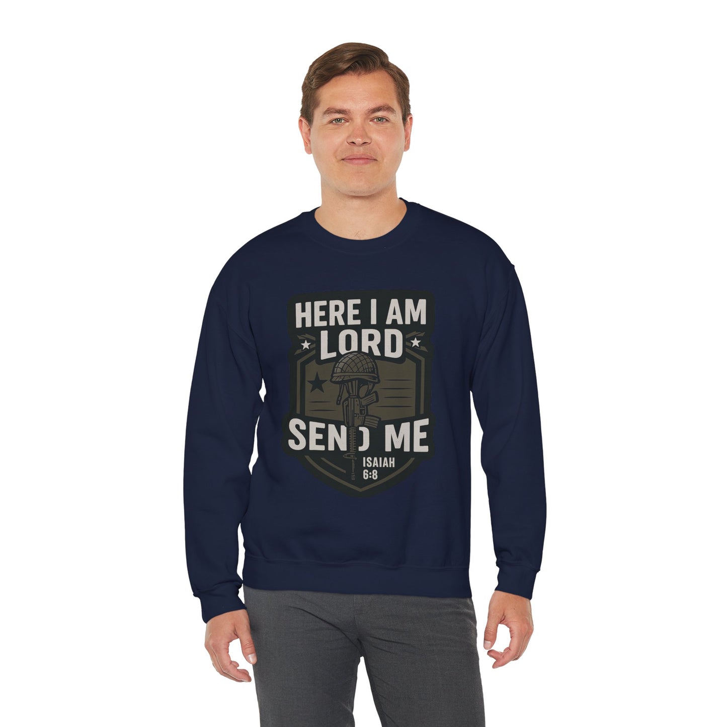 "Here I Am Lord Send Me" Bible Verse Inspirational Faith Sweatshirt (Military Logo)