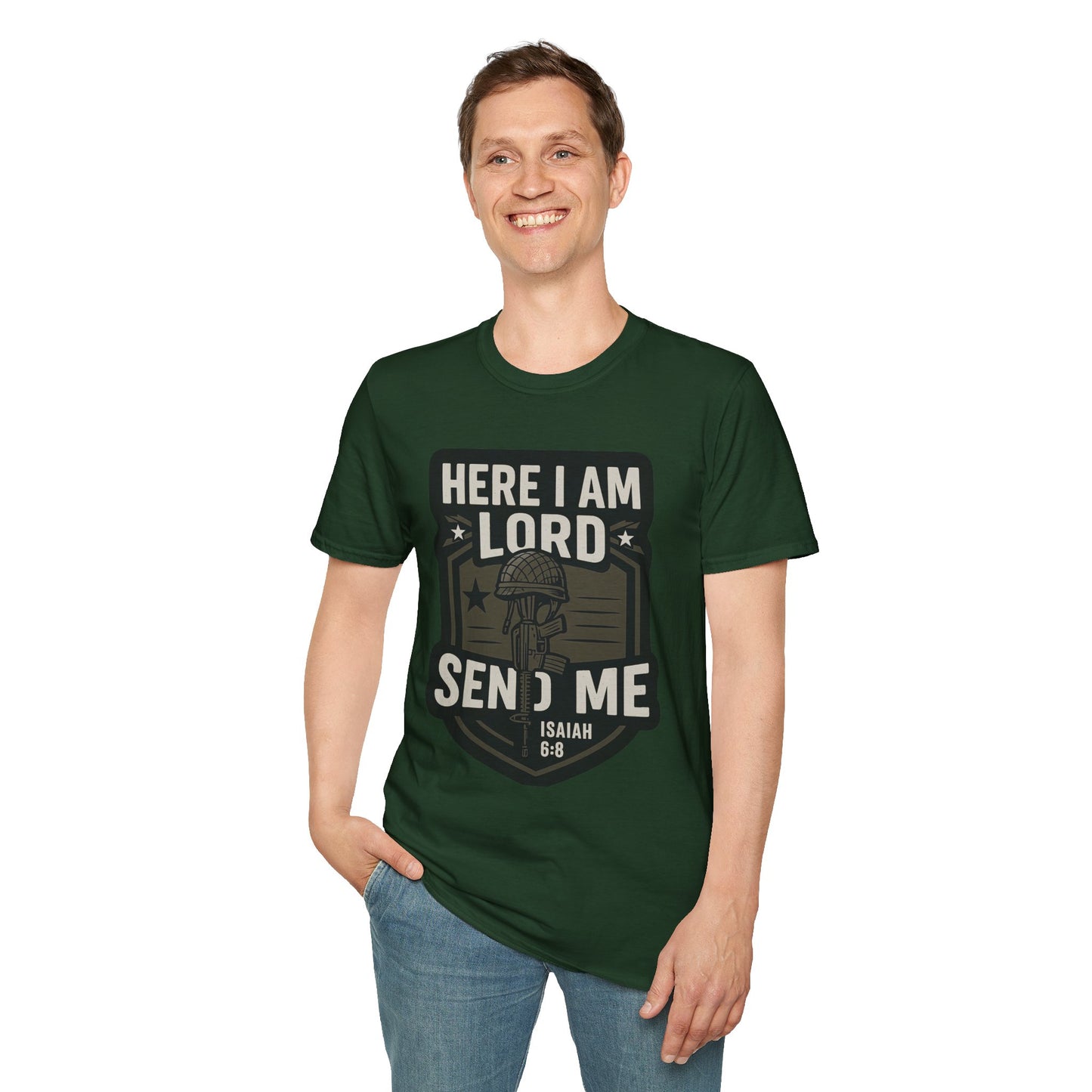 "Here I Am Lord Send Me" Bible Verse Inspirational Faith T-Shirt (Military Logo)