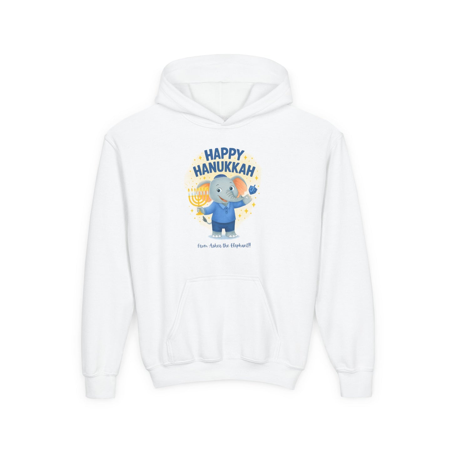 Happy Hanukkah Asher the Elephant Kids Hoodie (Standing Logo)