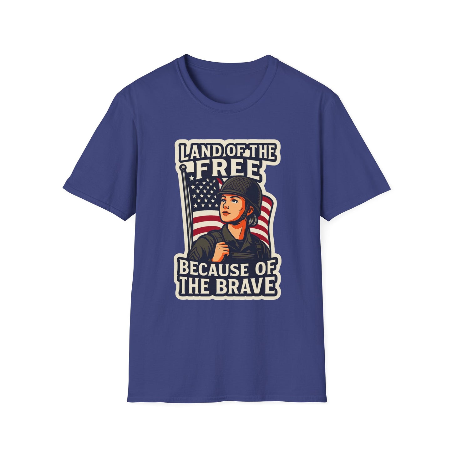 "Land of the Free because of the Brave" Patriotic Softstyle T-Shirt (Female Soldier)