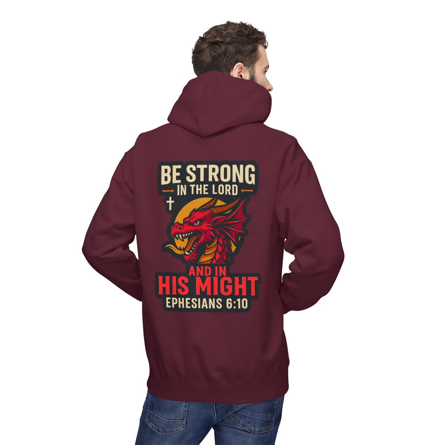 "Be Strong" Bible Verse Dragon Fleece Hoodie (Back Logo)