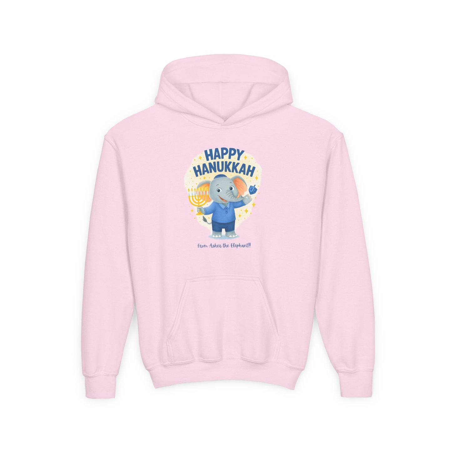 Happy Hanukkah Asher the Elephant Kids Hoodie (Standing Logo)